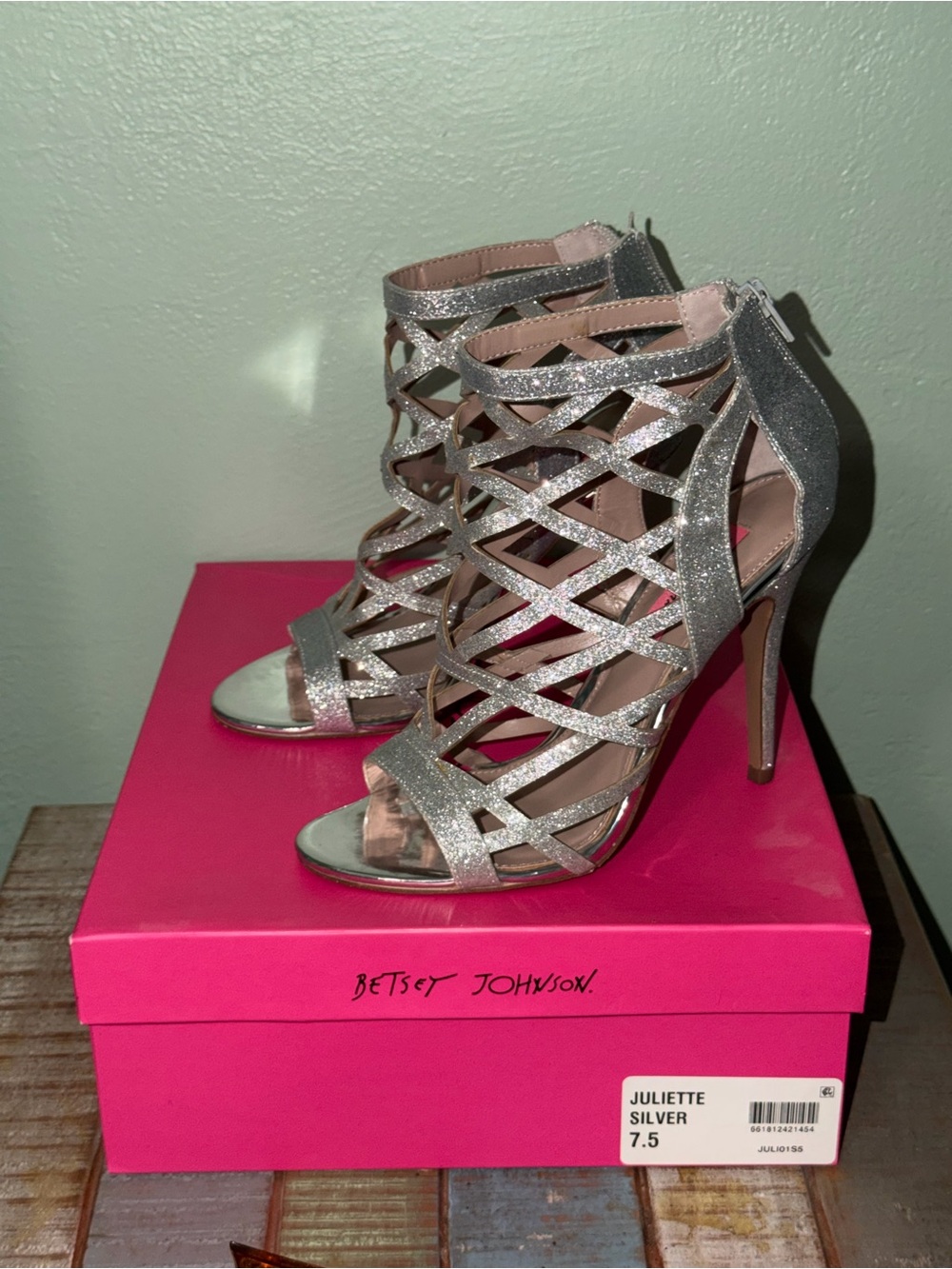 Betsey Johnson Silver Glitter Lattice Strappy Heels